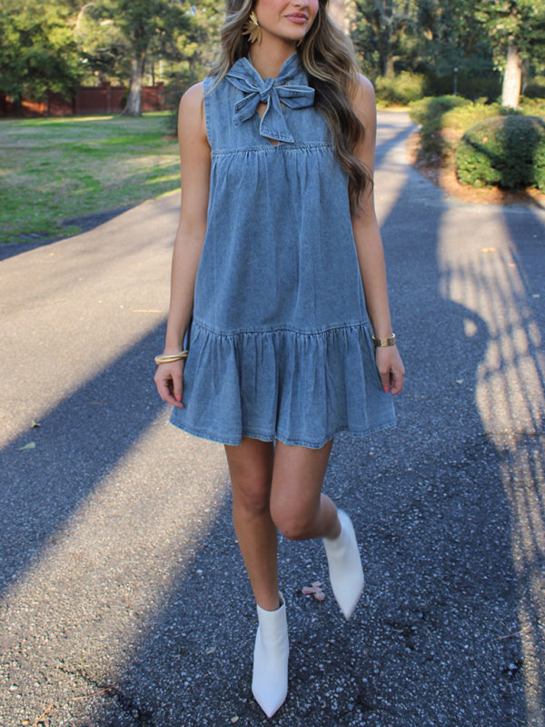 Casual Dresses- Sleeveless Denim Tunic Dress with Bow Front for Casual Events- - IndioGear.com