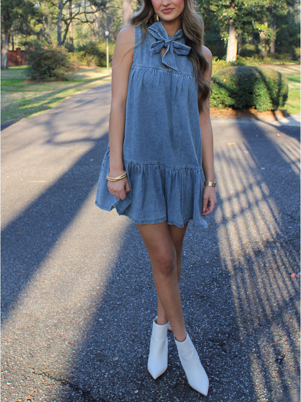 Casual Dresses- Sleeveless Denim Tunic Dress with Bow Front for Casual Events- - IndioGear.com