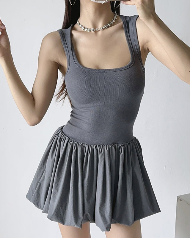 Casual Dresses- Solid Fit & Flare Drop Waist Tank Mini Dress for Summer- Grey- IndioGear Fashion and Gear