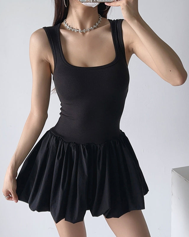 Casual Dresses- Solid Fit & Flare Drop Waist Tank Mini Dress for Summer- Black- IndioGear Fashion and Gear