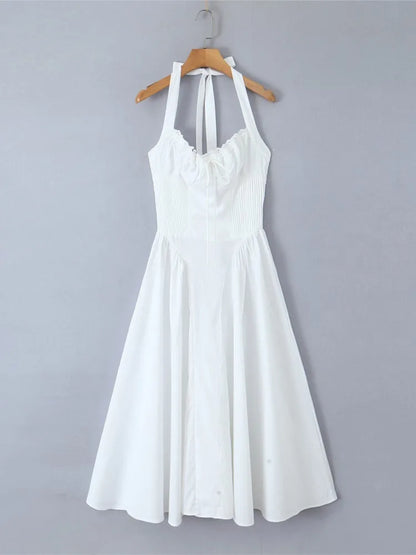 Casual Dresses- Solid Fit & Flare Tie-Halter Midi Dress with Drop-Waist for Women- White- IndioGear Fashion and Gear