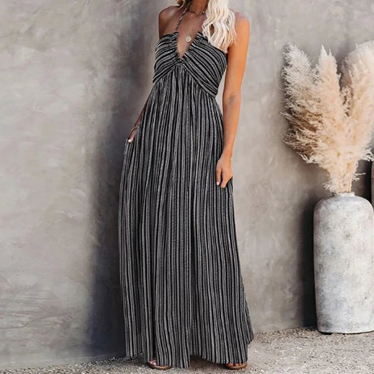 Casual Dresses- Striped A-Line Plunging Maxi Dress with Bowknot Back- - IndioGear.com