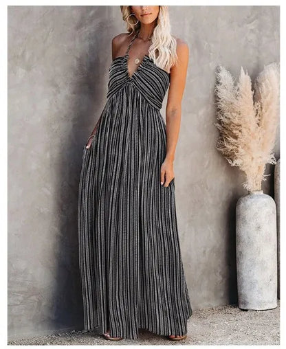 Casual Dresses- Striped A-Line Plunging Maxi Dress with Bowknot Back- - IndioGear.com