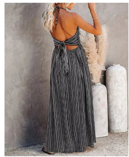 Casual Dresses- Striped A-Line Plunging Maxi Dress with Bowknot Back- - IndioGear.com