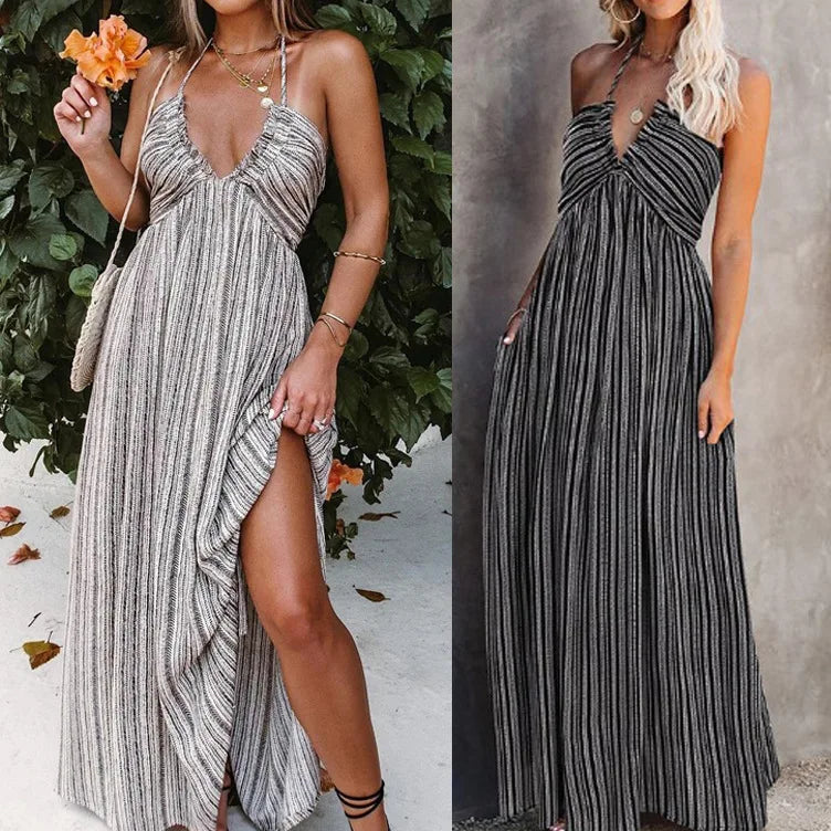 Casual Dresses- Striped A-Line Plunging Maxi Dress with Bowknot Back- - IndioGear.com