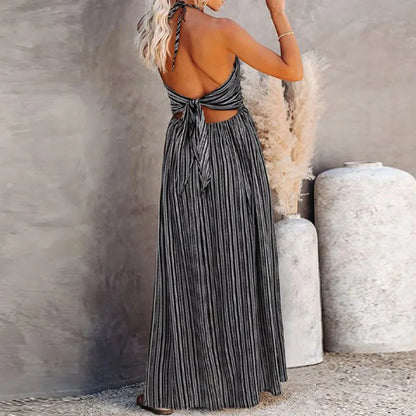 Casual Dresses- Striped A-Line Plunging Maxi Dress with Bowknot Back- - IndioGear.com