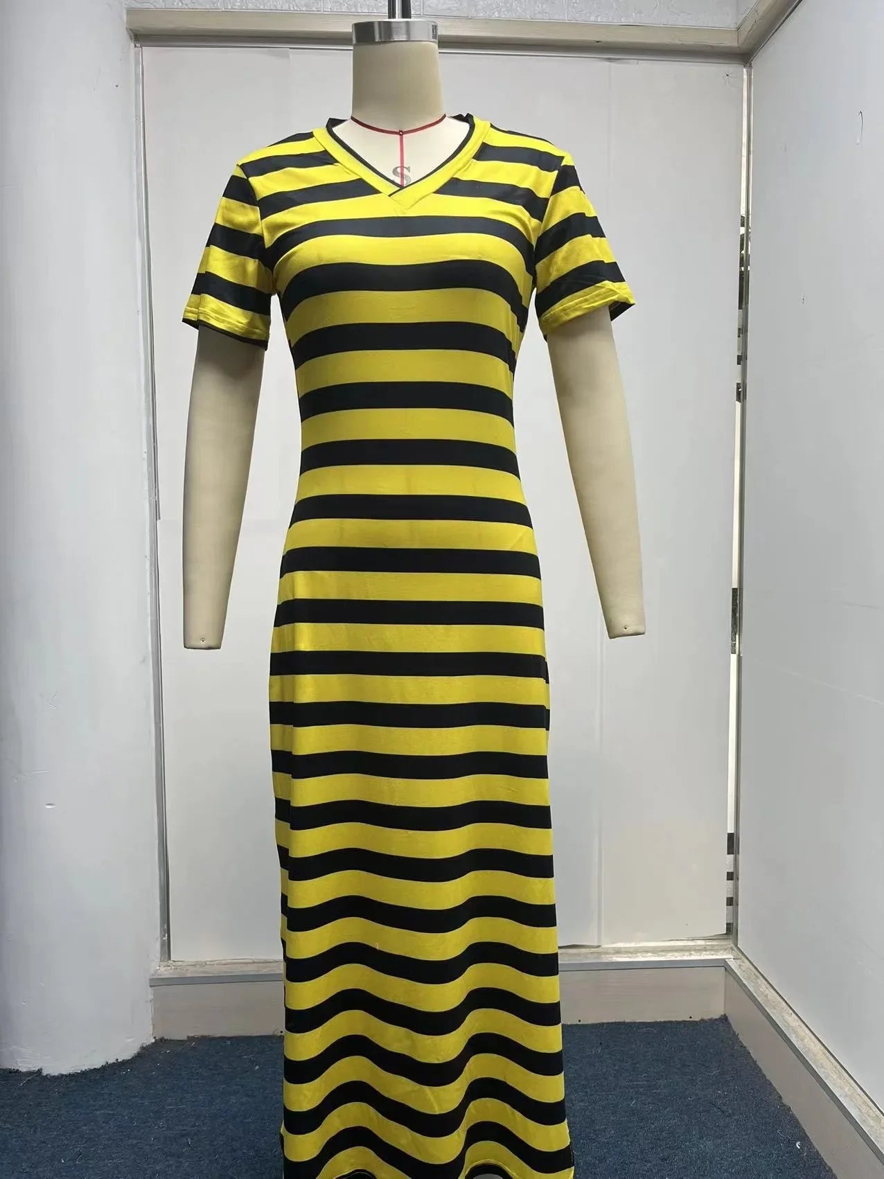 Casual Dresses- Striped Tee Midi Dress with Side Slits for Summer Outings- - Chuzko Women Clothing