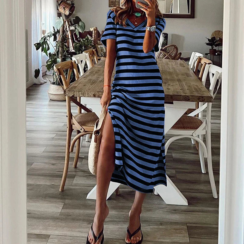 Casual Dresses- Striped Tee Midi Dress with Side Slits for Summer Outings- Blue- Chuzko Women Clothing