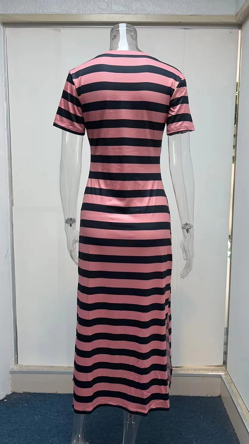 Casual Dresses- Striped Tee Midi Dress with Side Slits for Summer Outings- - Chuzko Women Clothing