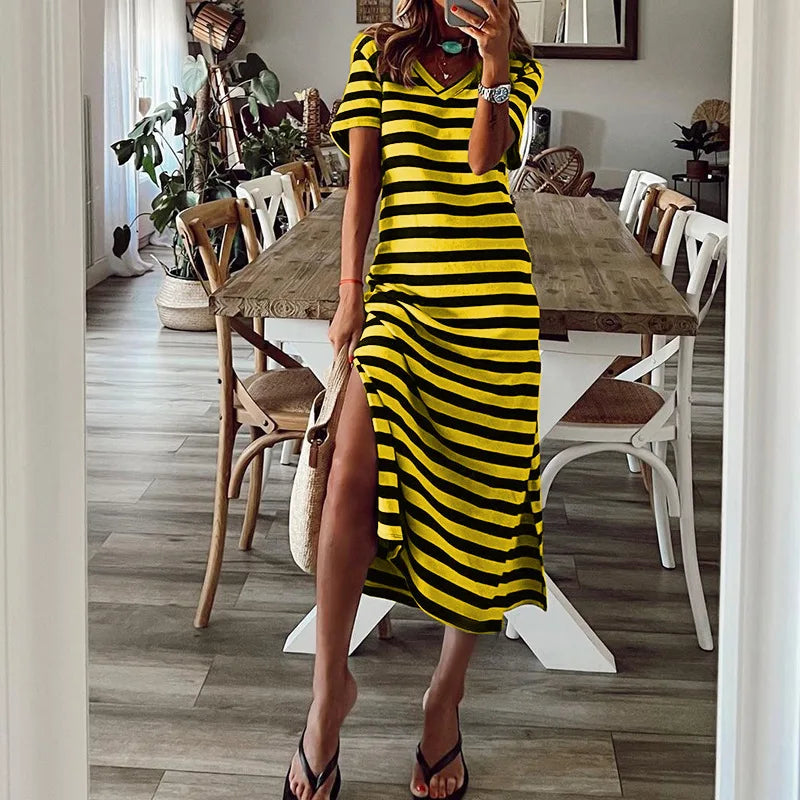 Casual Dresses- Striped Tee Midi Dress with Side Slits for Summer Outings- Yellow- Chuzko Women Clothing