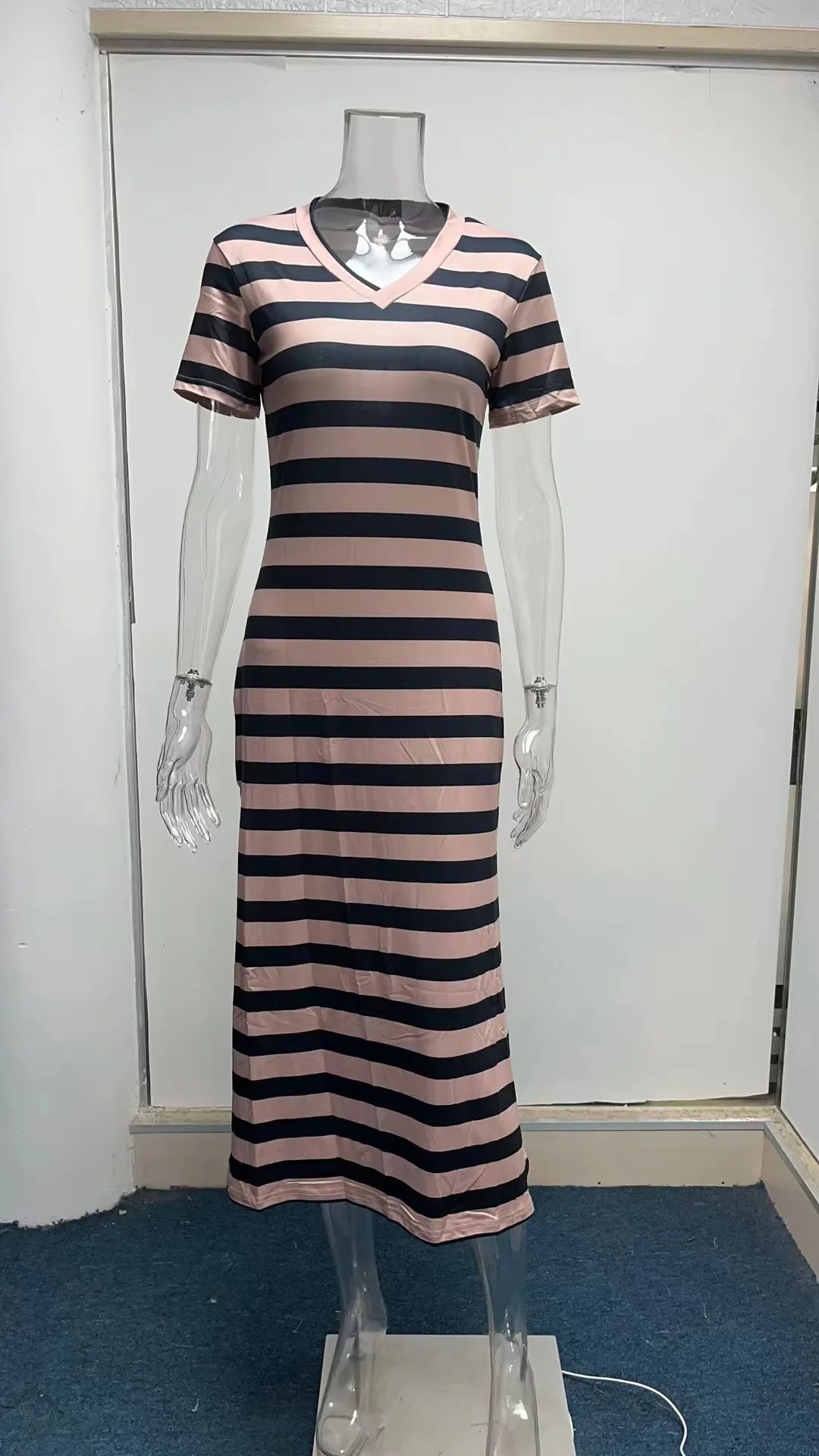 Casual Dresses- Striped Tee Midi Dress with Side Slits for Summer Outings- - Chuzko Women Clothing