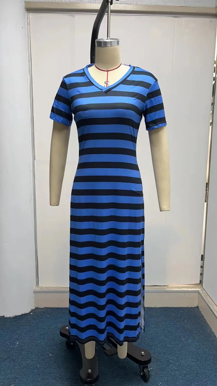 Casual Dresses- Striped Tee Midi Dress with Side Slits for Summer Outings- - Chuzko Women Clothing