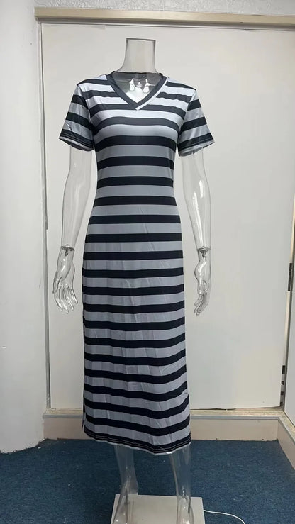 Casual Dresses- Striped Tee Midi Dress with Side Slits for Summer Outings- - Chuzko Women Clothing