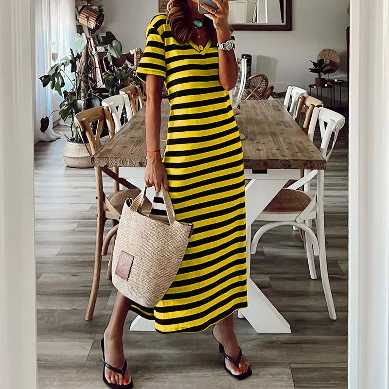 Casual Dresses- Striped Tee Midi Dress with Side Slits for Summer Outings- - Chuzko Women Clothing