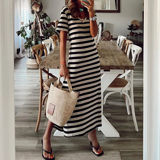 Casual Dresses- Striped Tee Midi Dress with Side Slits for Summer Outings- - Chuzko Women Clothing