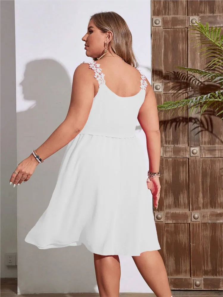 Casual Dresses- Summer Blouson Plus-Size Dress with Lace Detail- - IndioGear.com