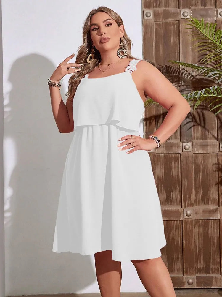 Casual Dresses- Summer Blouson Plus-Size Dress with Lace Detail- White- IndioGear.com