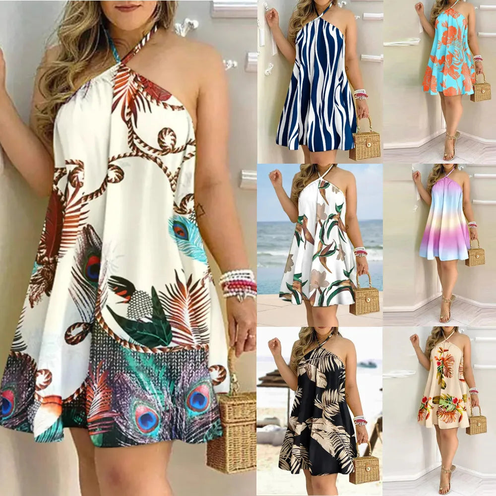 Casual Dresses- Summer Essential Tropical Print Halter Neck Dress- - IndioGear.com