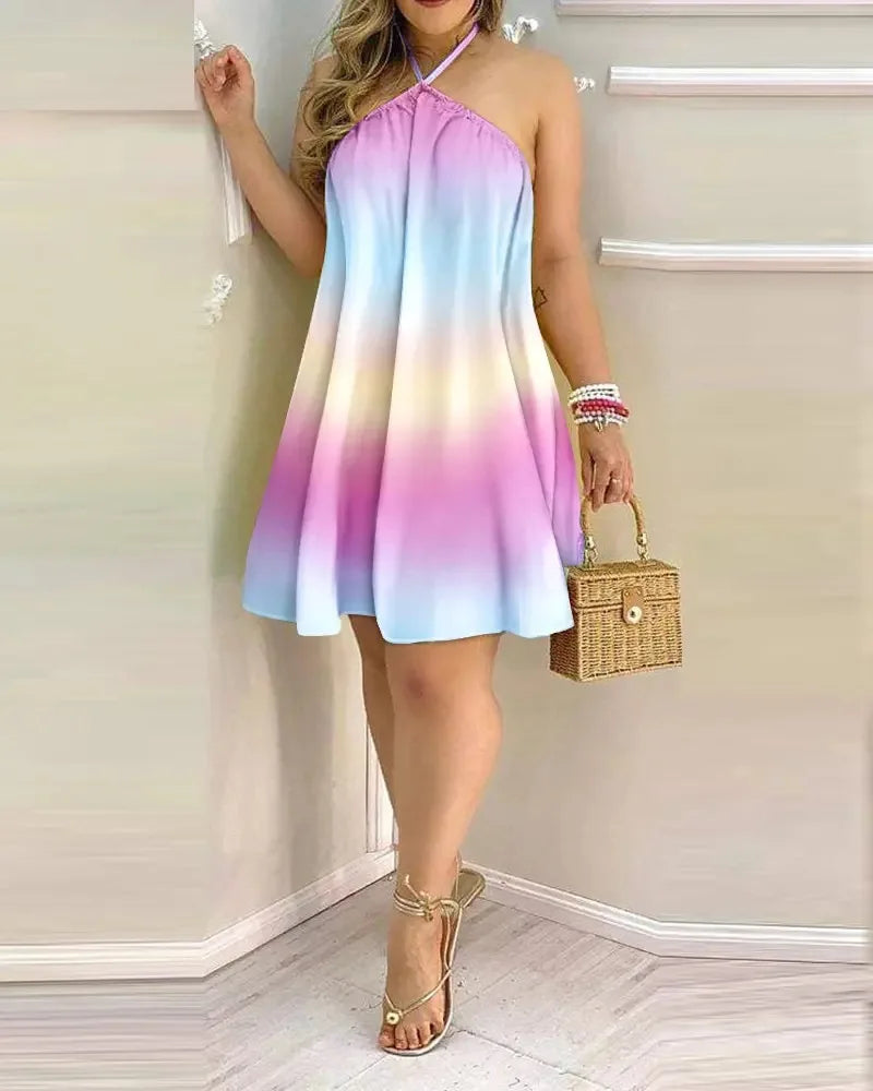 Casual Dresses- Summer Essential Tropical Print Halter Neck Dress- Gradient- IndioGear.com