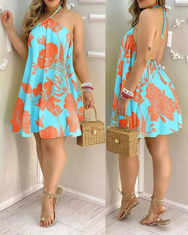 Casual Dresses- Summer Essential Tropical Print Halter Neck Dress- - IndioGear.com