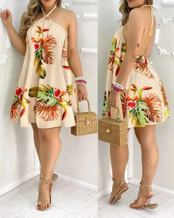 Casual Dresses- Summer Essential Tropical Print Halter Neck Dress- - IndioGear.com