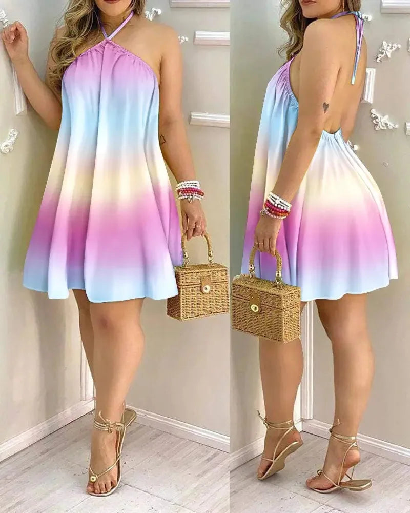 Casual Dresses- Summer Essential Tropical Print Halter Neck Dress- - IndioGear.com