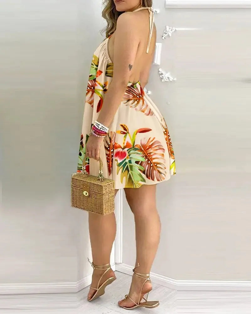 Casual Dresses- Summer Essential Tropical Print Halter Neck Dress- - IndioGear.com