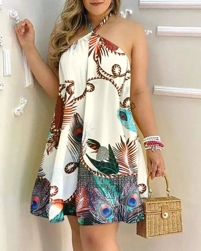 Casual Dresses- Summer Essential Tropical Print Halter Neck Dress- Aqua Apricot- IndioGear.com