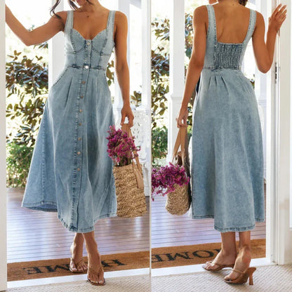 Casual Dresses- Summer Essentials Sweetheart Midi Dress in Denim- - IndioGear.com