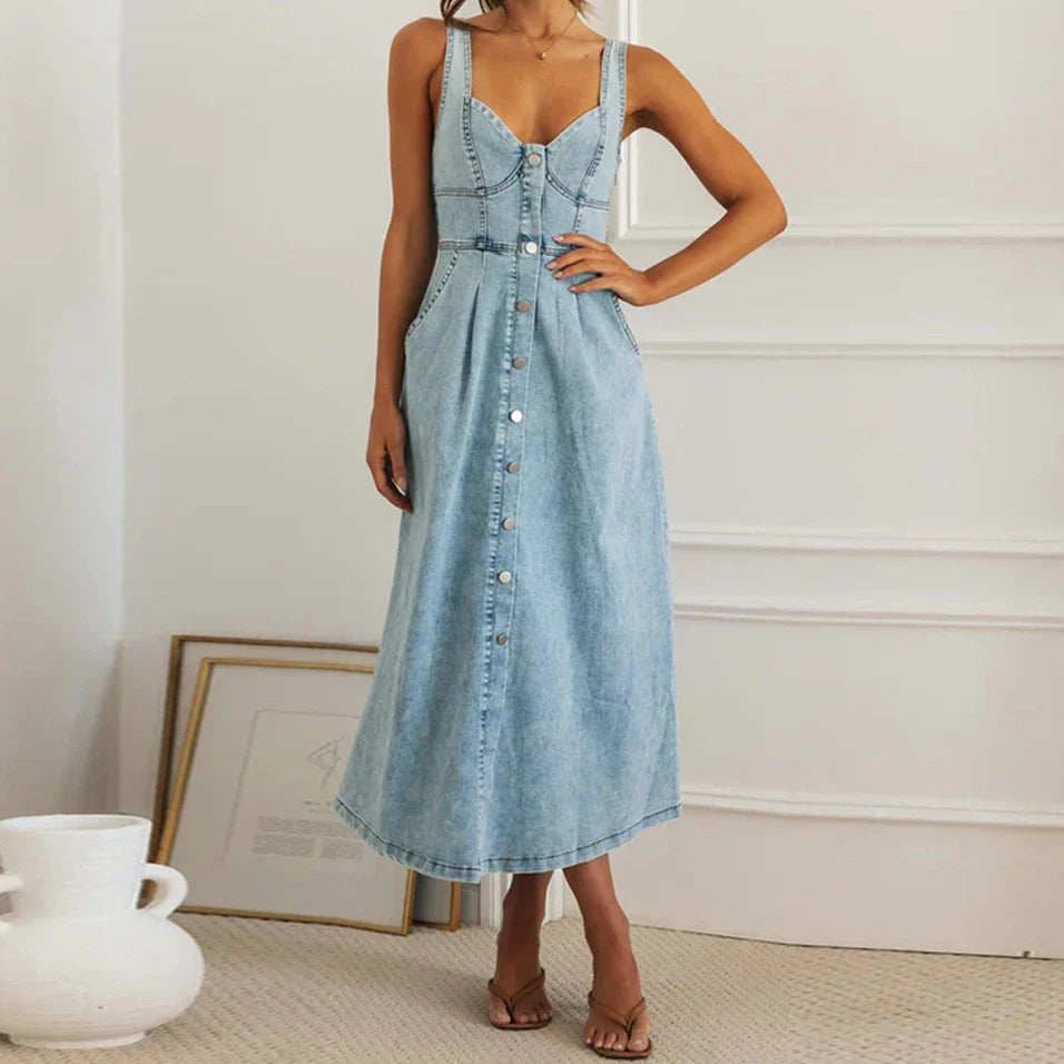 Casual Dresses- Summer Essentials Sweetheart Midi Dress in Denim- - IndioGear.com