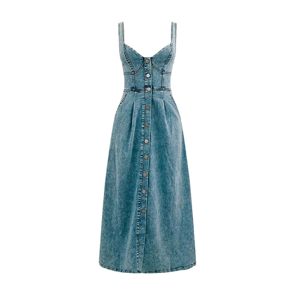 Casual Dresses- Summer Essentials Sweetheart Midi Dress in Denim- - IndioGear.com