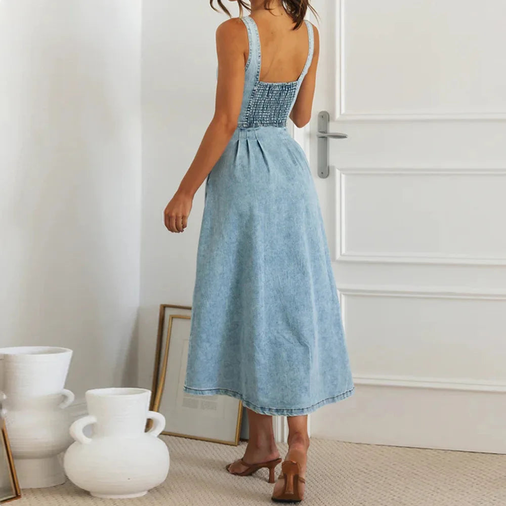 Casual Dresses- Summer Essentials Sweetheart Midi Dress in Denim- - IndioGear.com