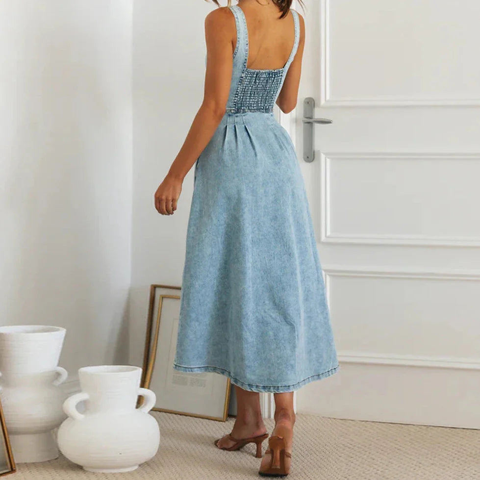 Casual Dresses- Summer Essentials Sweetheart Midi Dress in Denim- - IndioGear.com