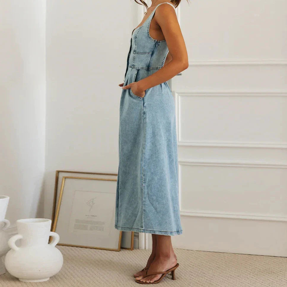 Casual Dresses- Summer Essentials Sweetheart Midi Dress in Denim- - IndioGear.com