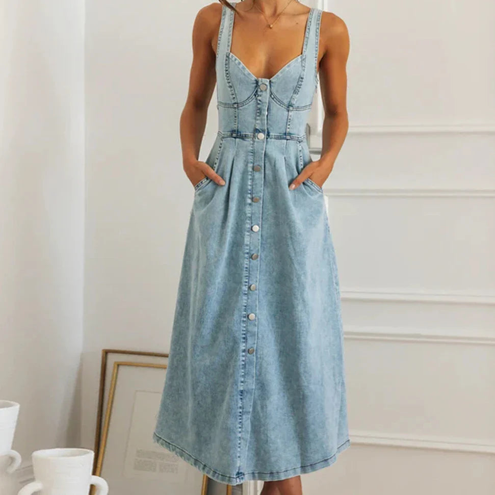 Casual Dresses- Summer Essentials Sweetheart Midi Dress in Denim- Blue- IndioGear.com