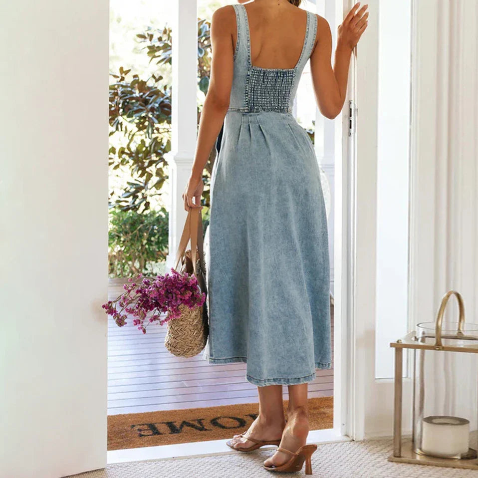 Casual Dresses- Summer Essentials Sweetheart Midi Dress in Denim- - IndioGear.com