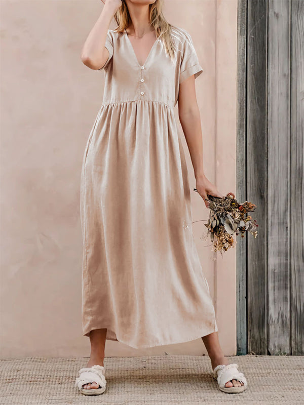 Casual Dresses- Summer Women's A-Line Loose V-Neck Midi Dress in Cotton- - IndioGear Fashion and Gear