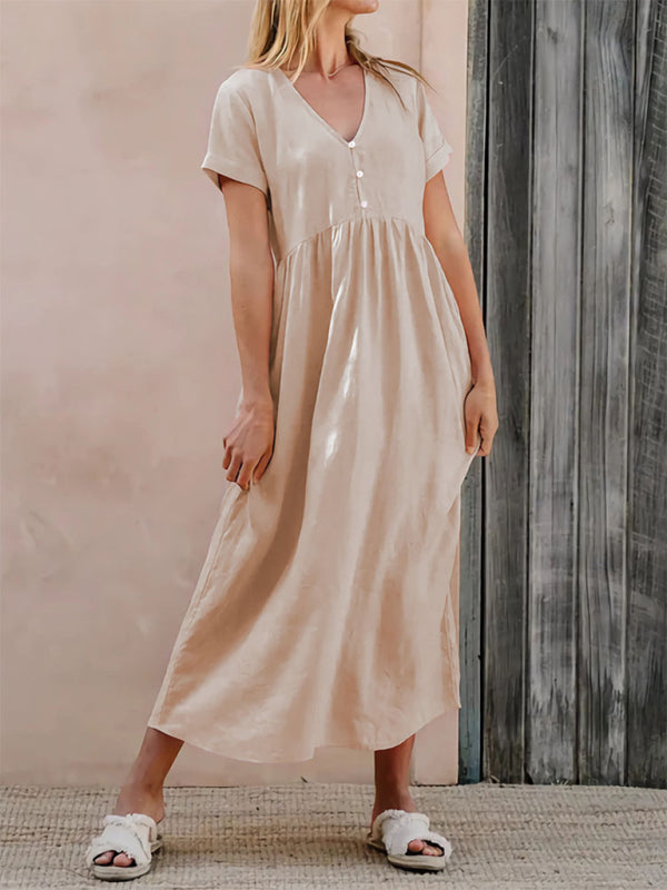 Casual Dresses- Summer Women's A-Line Loose V-Neck Midi Dress in Cotton- - IndioGear Fashion and Gear