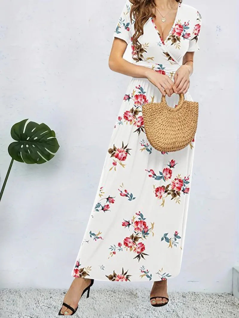 Casual Dresses- Surplice Floral Midi Dress for Trendy Casual Looks- - Chuzko Women Clothing