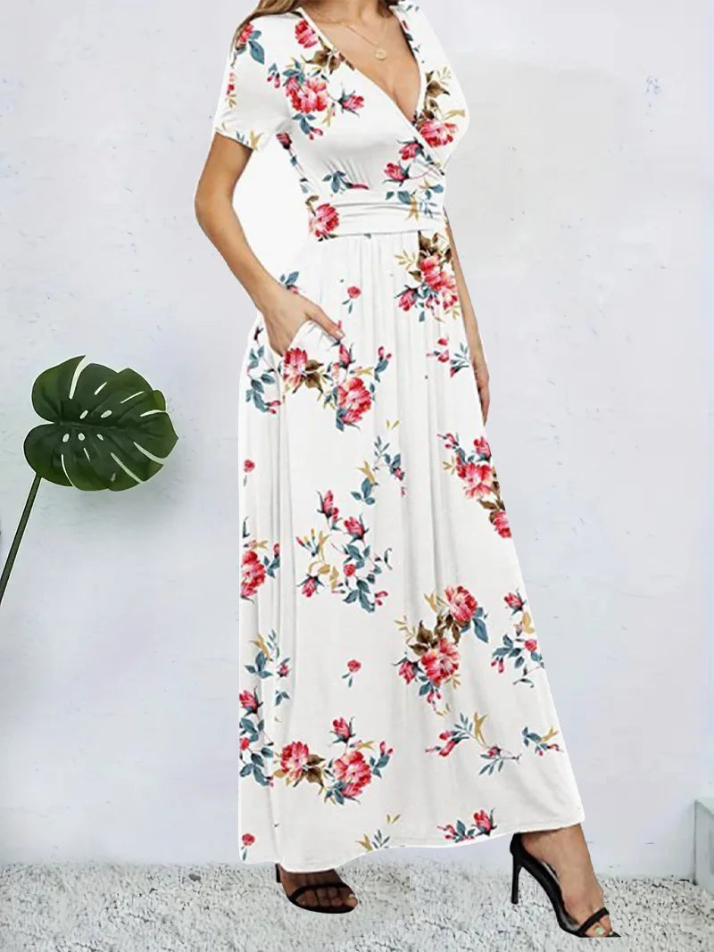 Casual Dresses- Surplice Floral Midi Dress for Trendy Casual Looks- - Chuzko Women Clothing