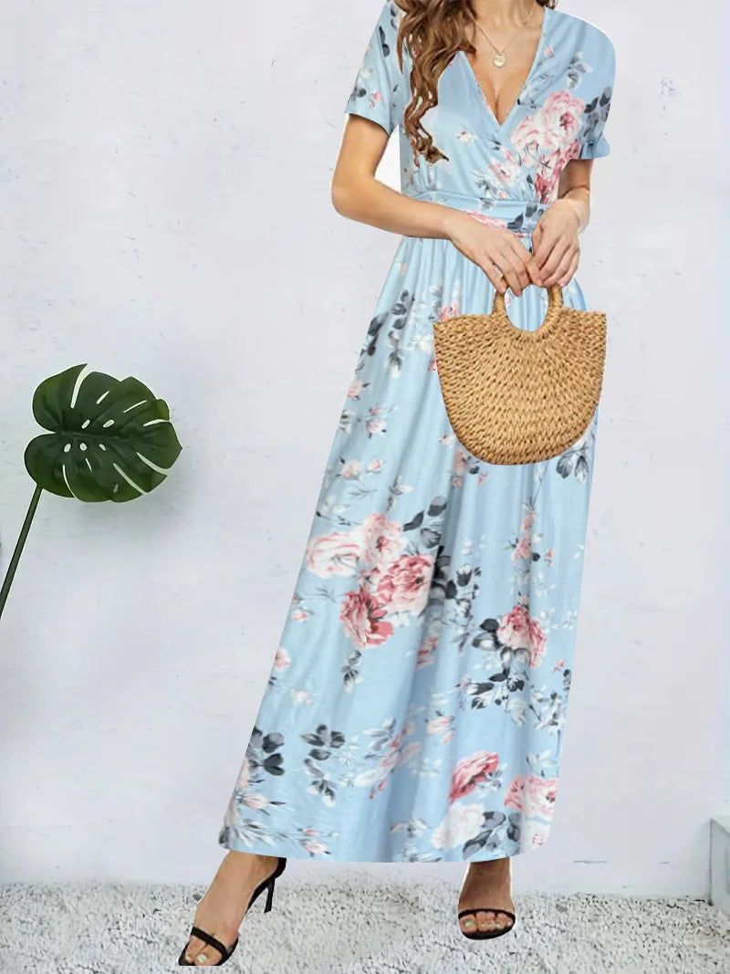 Casual Dresses- Surplice Floral Midi Dress for Trendy Casual Looks- - Chuzko Women Clothing