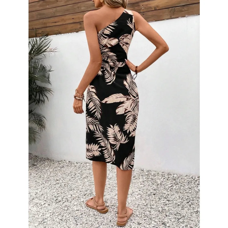 Casual Dresses- Tropical Trend Asymmetric Dress with Thigh-High Slit- - IndioGear.com