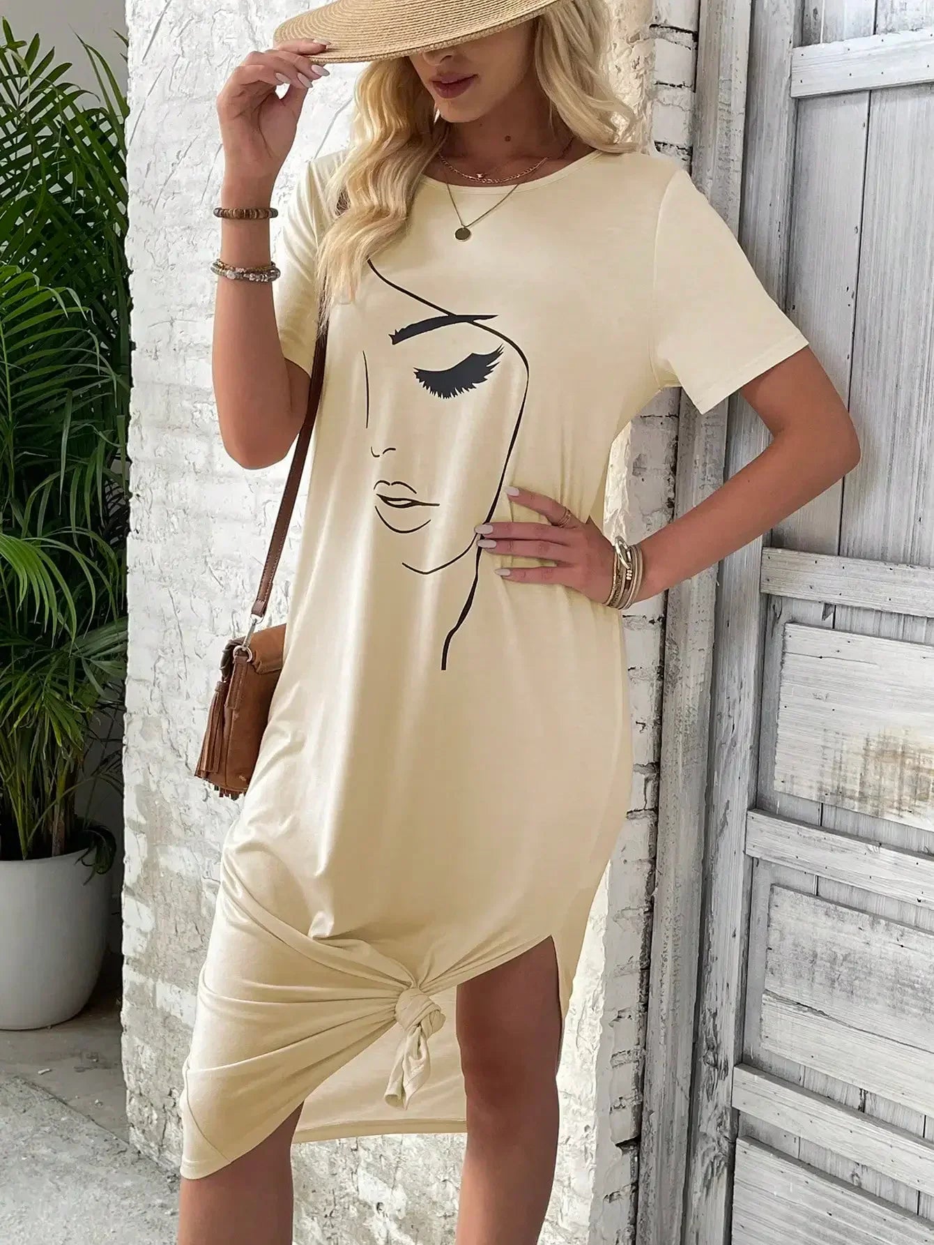 Casual Dresses- Tunic Style Midi Dress for Casual Outings & Summer Lounging- Beige- IndioGear.com