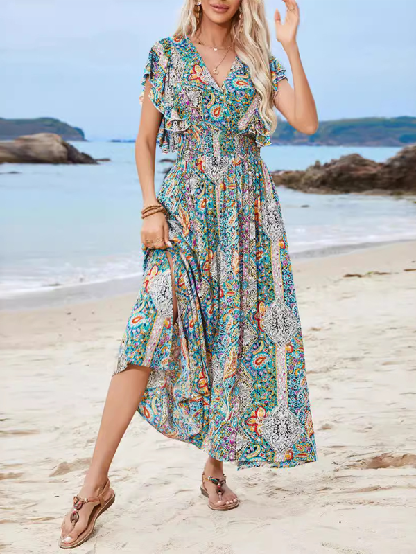 Casual Dresses- Vibrant Boho Flowy Maxi Dress with Tie-back- - IndioGear.com