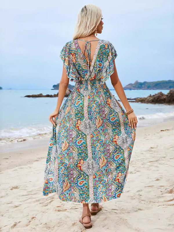 Casual Dresses- Vibrant Boho Flowy Maxi Dress with Tie-back- - IndioGear.com