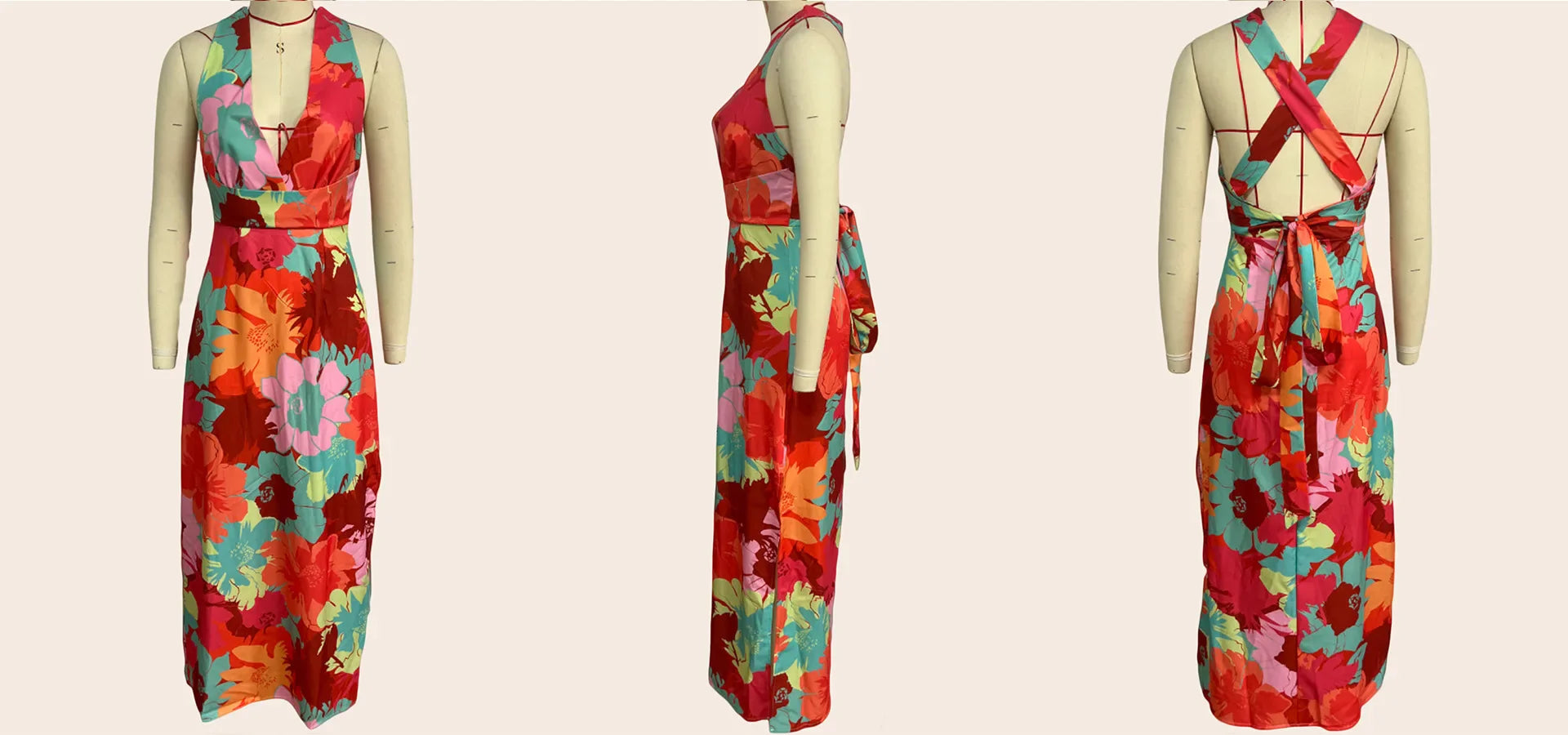 Casual Dresses- Vibrant Halter Midi Dress with Lace-Up Back- - IndioGear.com