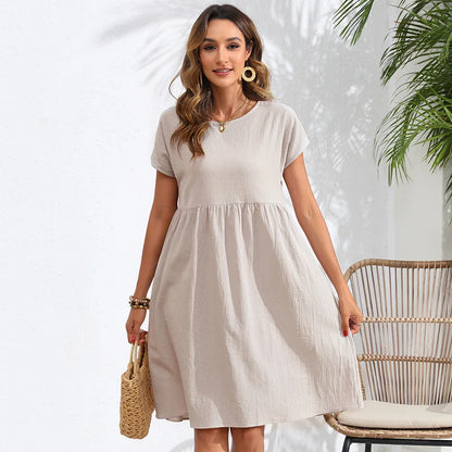 Casual Dresses- Women Cotton Linen Midi Dress for Any Setting- Gray- IndioGear.com