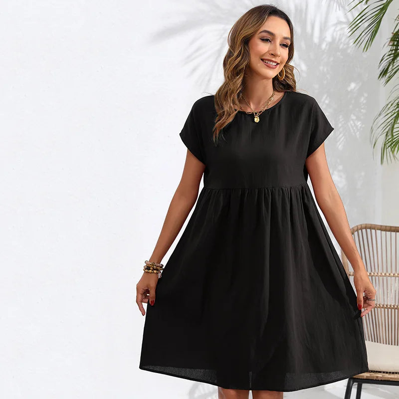 Casual Dresses- Women Cotton Linen Midi Dress for Any Setting- Black- IndioGear.com