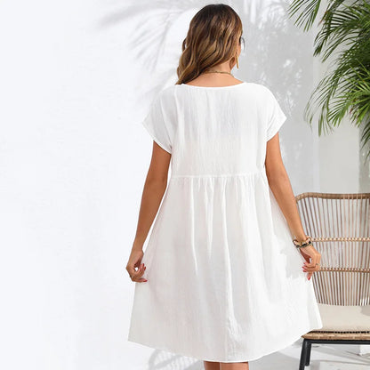 Casual Dresses- Women Cotton Linen Midi Dress for Any Setting- - IndioGear.com