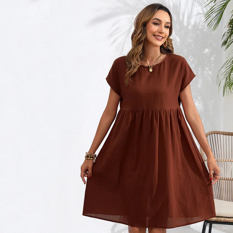 Casual Dresses- Women Cotton Linen Midi Dress for Any Setting- Coffee- IndioGear.com